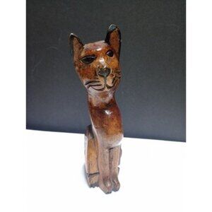 Vintage Wooden Hand Carved Cat Statue Figurine 8-inch